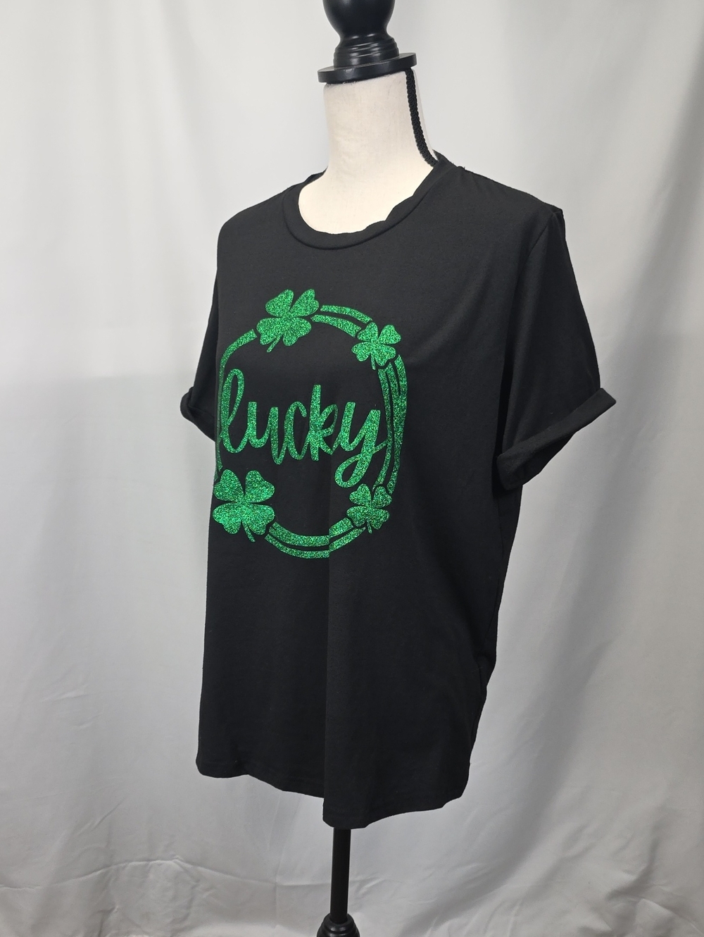 Lucky Glitter Shamrock Tee - Black/Green Size Large
